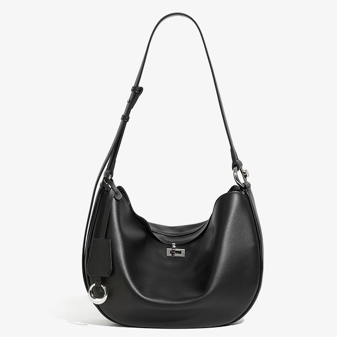 Women's Genuine Leather Crescent Shoulder Bag with Zipper Pocket