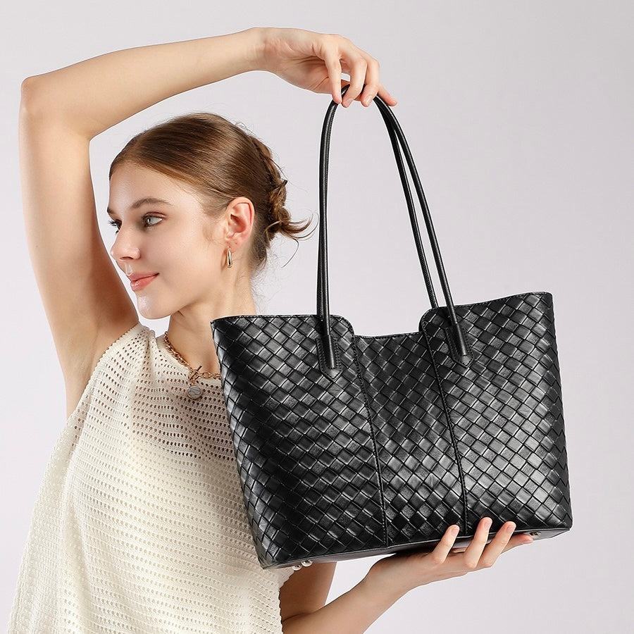 Women's Genuine Leather Woven Large Tote Bag with Exterior Pocket