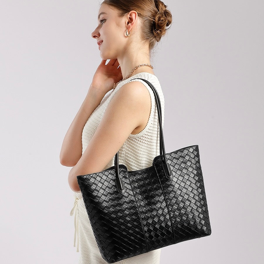Women's Genuine Leather Woven Large Tote Bag with Exterior Pocket