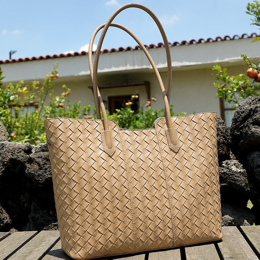 Women's Genuine Leather Woven Large Tote Bag with Exterior Pocket