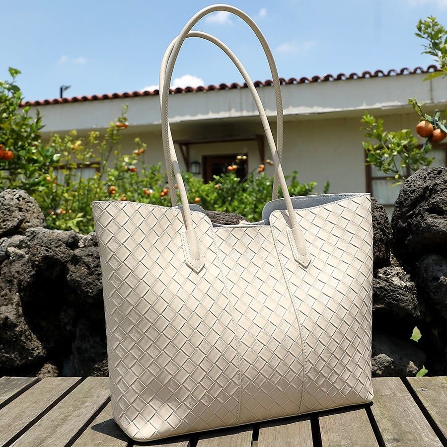 Women's Genuine Leather Woven Large Tote Bag with Exterior Pocket