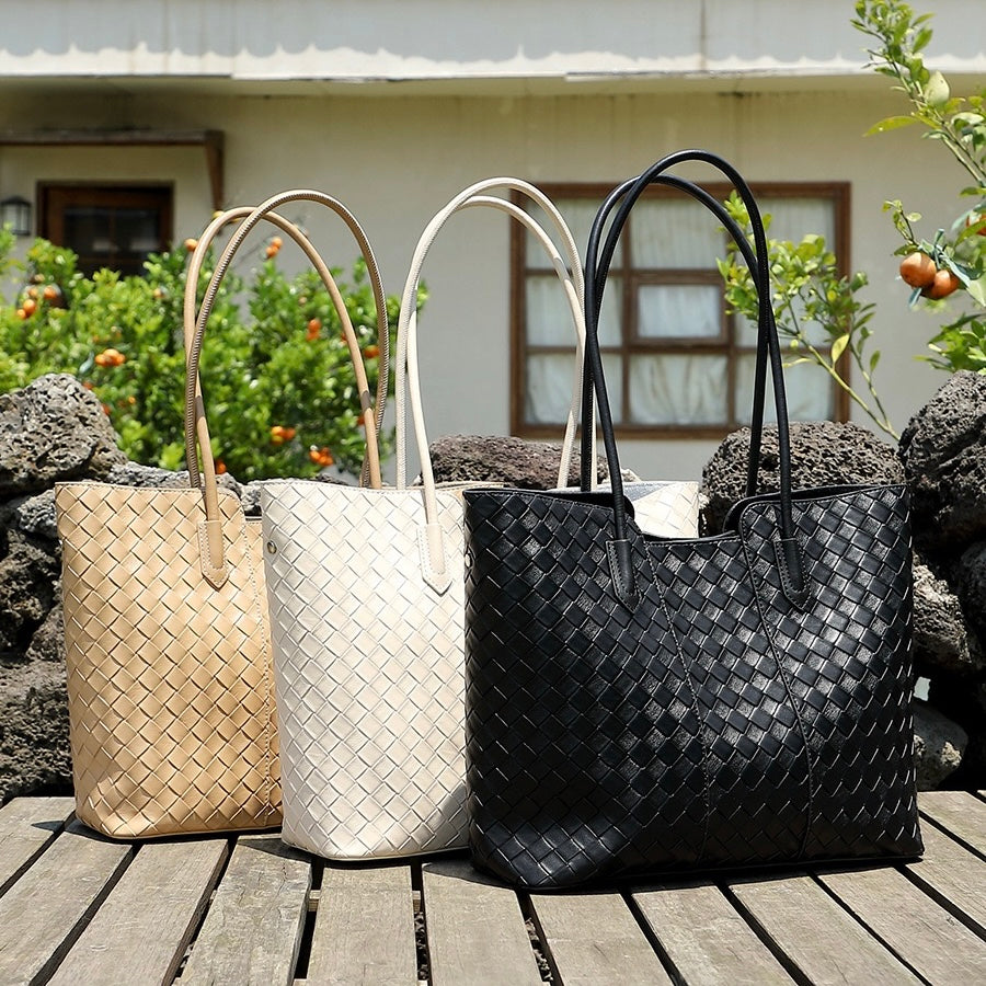 Women's Genuine Leather Woven Large Tote Bag with Exterior Pocket