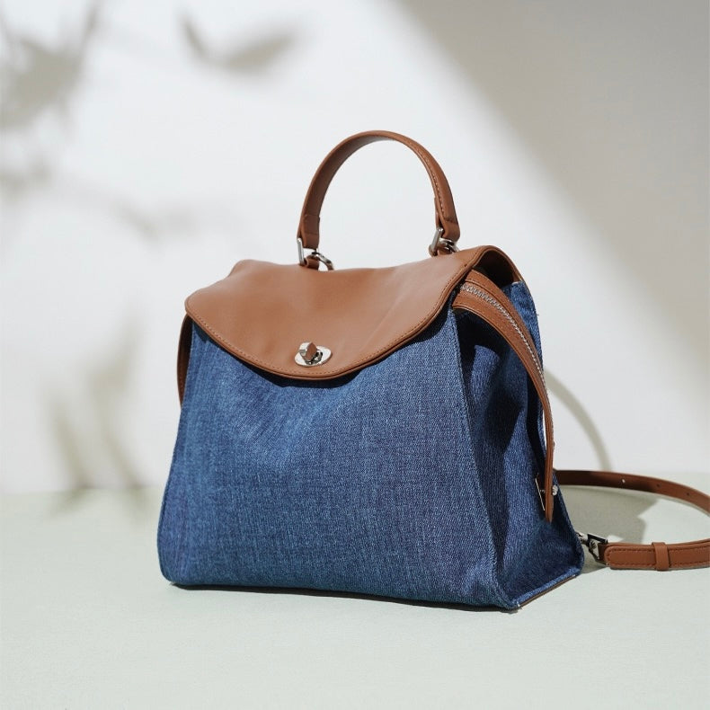 Women's Genuine Leather & Denim Patchwork Backpack