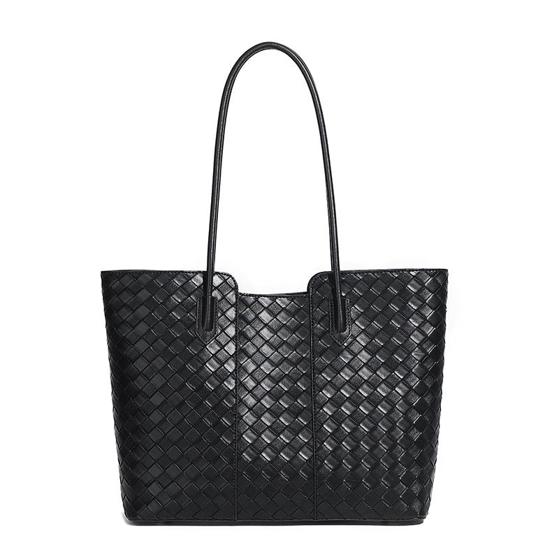 Women's Genuine Leather Woven Large Tote Bag with Exterior Pocket