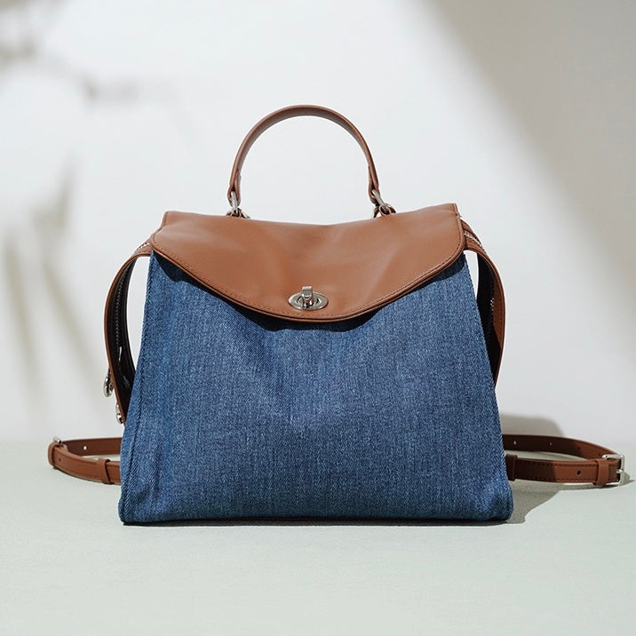 Women's Genuine Leather & Denim Patchwork Backpack