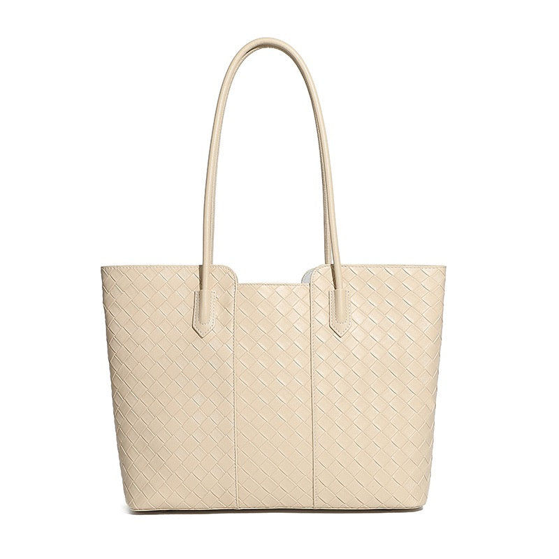 Women's Genuine Leather Woven Large Tote Bag with Exterior Pocket