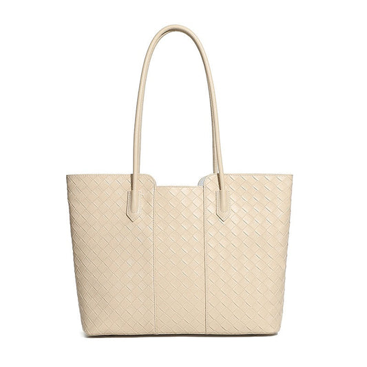 Women's Genuine Leather Woven Large Tote Bag with Exterior Pocket