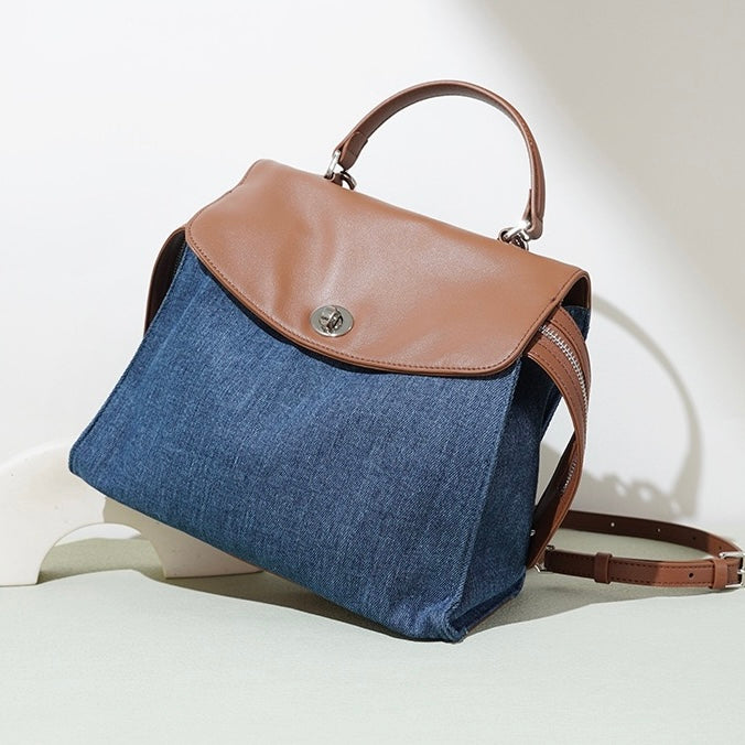 Women's Genuine Leather & Denim Patchwork Backpack