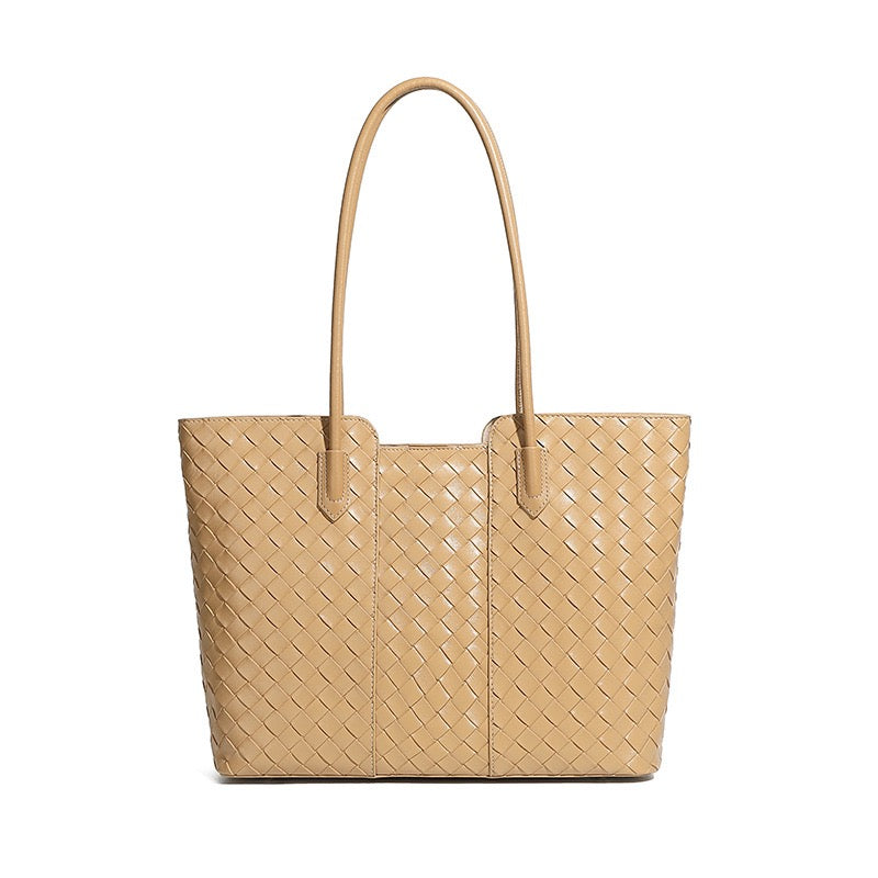 Women's Genuine Leather Woven Large Tote Bag with Exterior Pocket