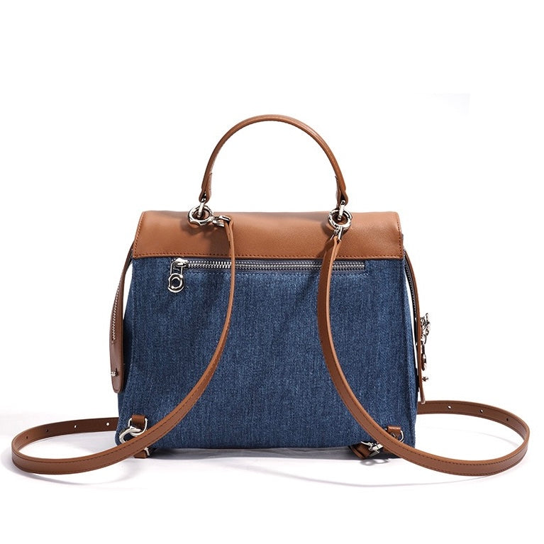 Women's Genuine Leather & Denim Patchwork Backpack