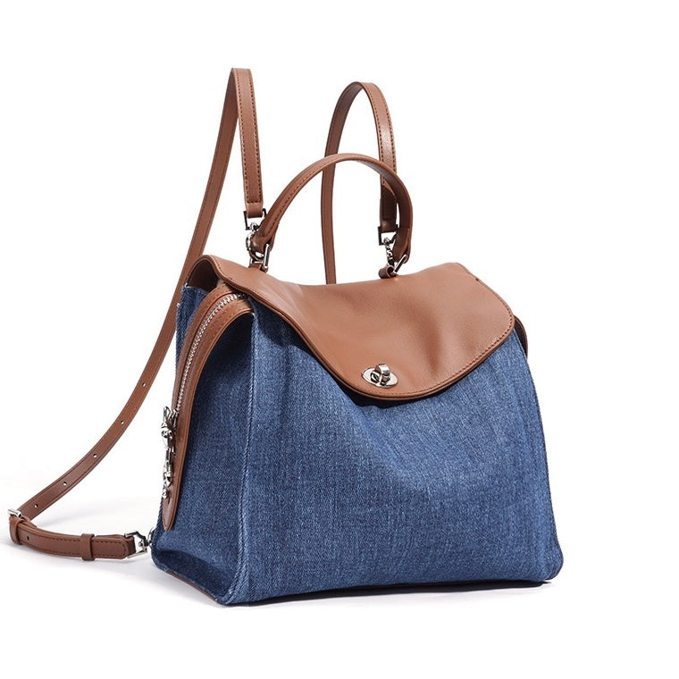 Women's Genuine Leather & Denim Patchwork Backpack