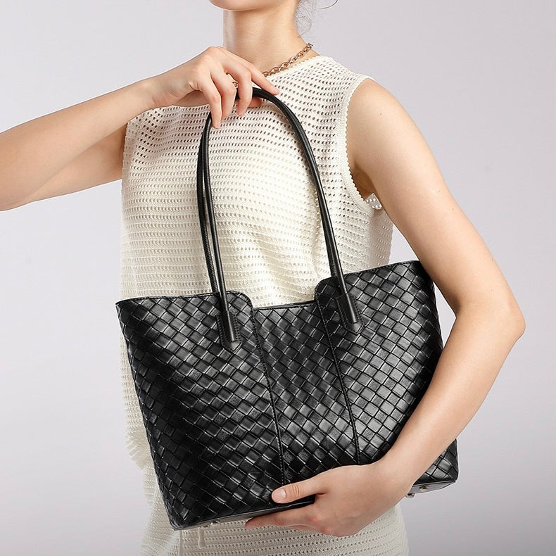 Women's Genuine Leather Woven Large Tote Bag with Exterior Pocket