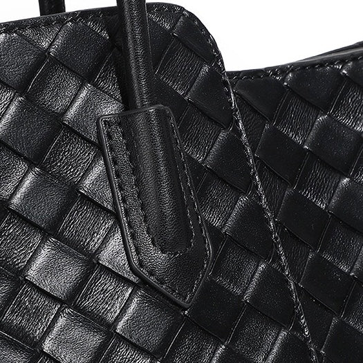 Women's Genuine Leather Woven Large Tote Bag with Exterior Pocket
