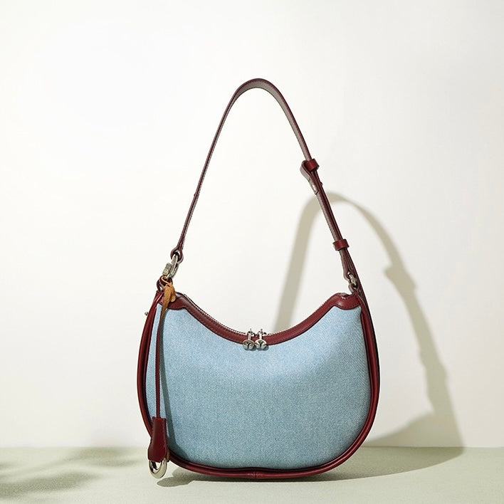 Women's Genuine Leather & Denim Crescent Shoulder Bag