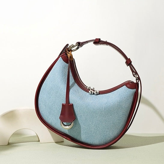 Women's Genuine Leather & Denim Crescent Shoulder Bag