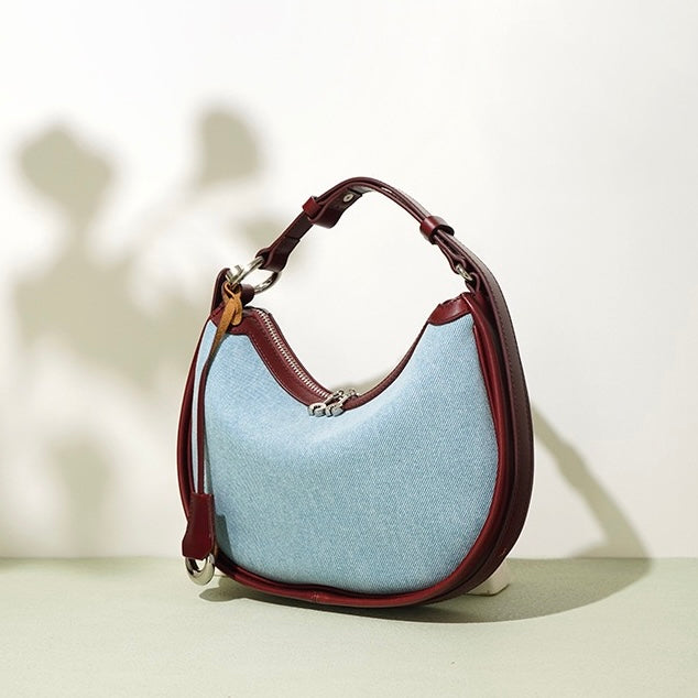 Women's Genuine Leather & Denim Crescent Shoulder Bag