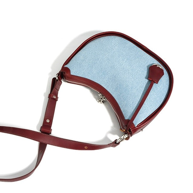Women's Genuine Leather & Denim Crescent Shoulder Bag
