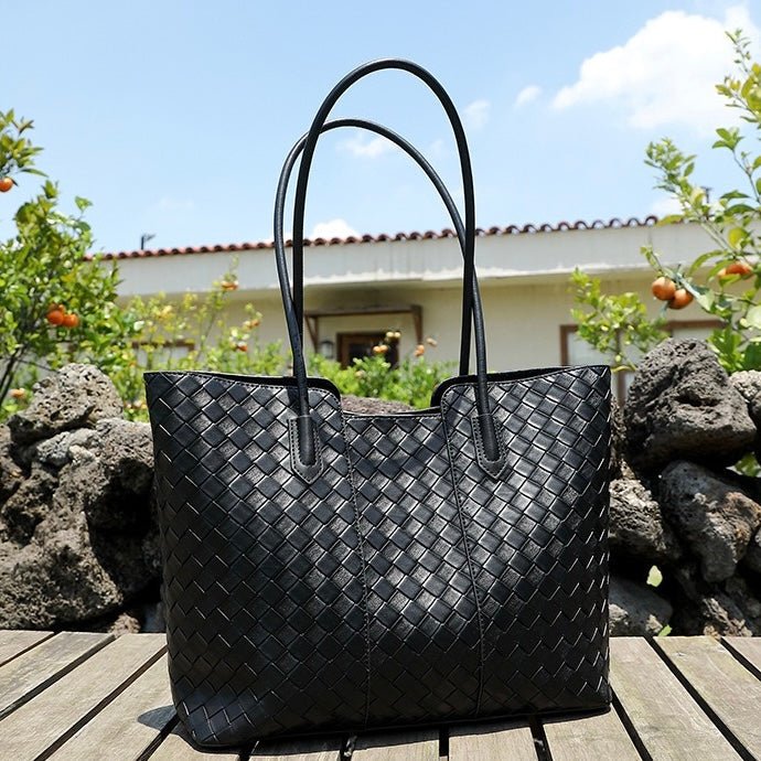 Women's Genuine Leather Woven Large Tote Bag with Exterior Pocket