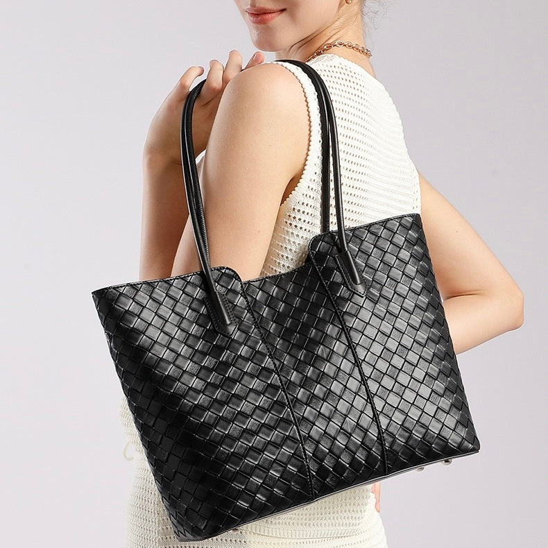 Women's Genuine Leather Woven Large Tote Bag with Exterior Pocket