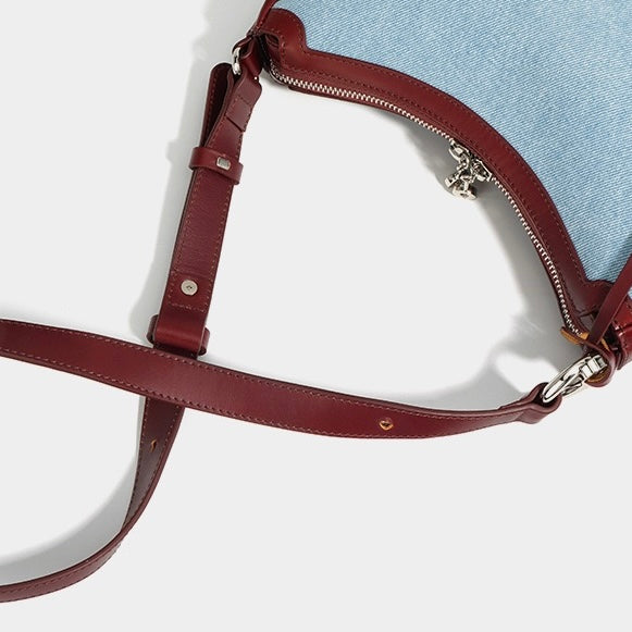 Women's Genuine Leather & Denim Crescent Shoulder Bag