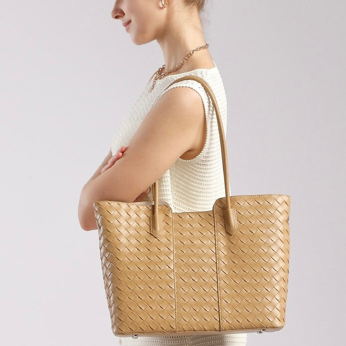 Women's Genuine Leather Woven Large Tote Bag with Exterior Pocket