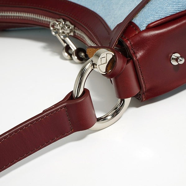 Women's Genuine Leather & Denim Crescent Shoulder Bag