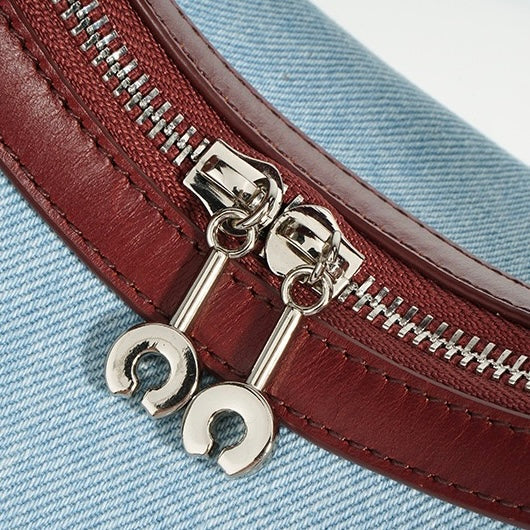Women's Genuine Leather & Denim Crescent Shoulder Bag