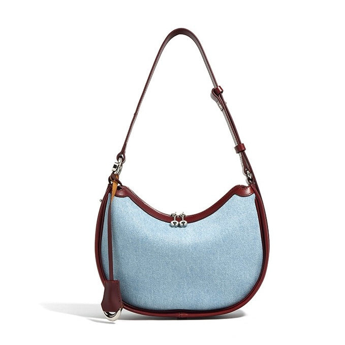 Women's Genuine Leather & Denim Crescent Shoulder Bag