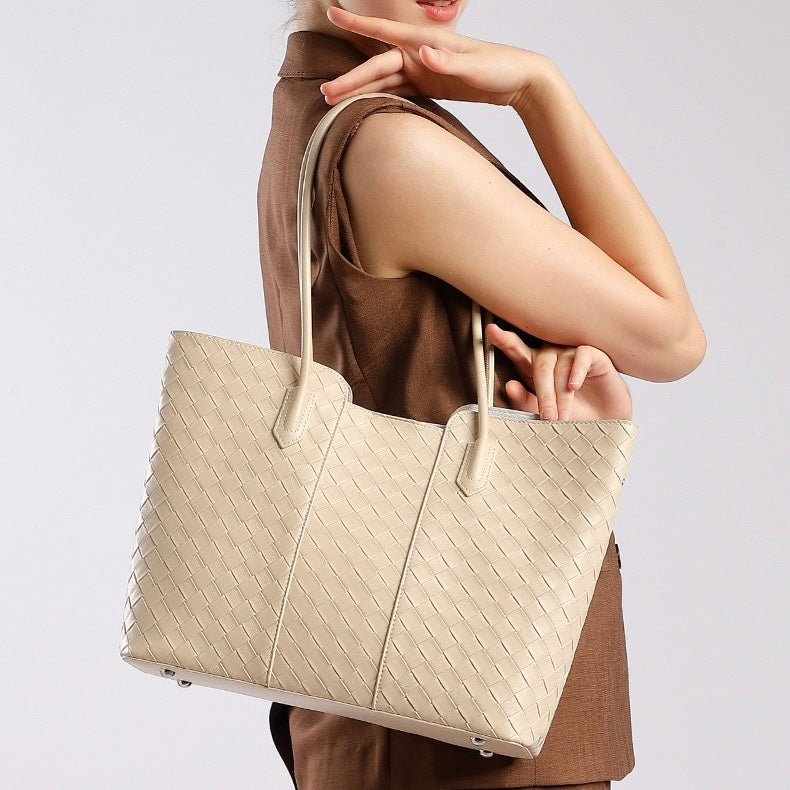 Women's Genuine Leather Woven Large Tote Bag with Exterior Pocket