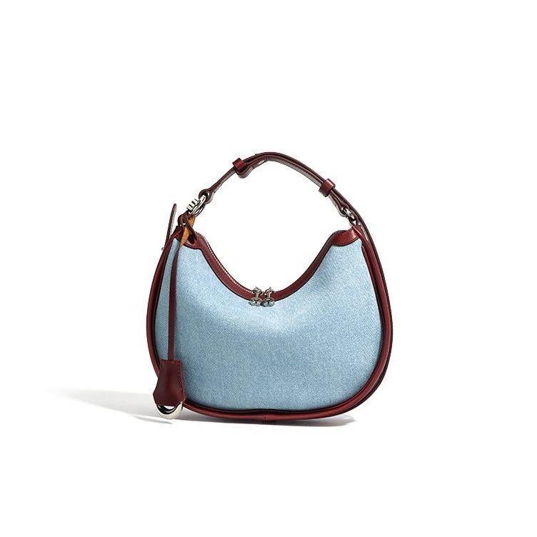 Women's Genuine Leather & Denim Crescent Shoulder Bag