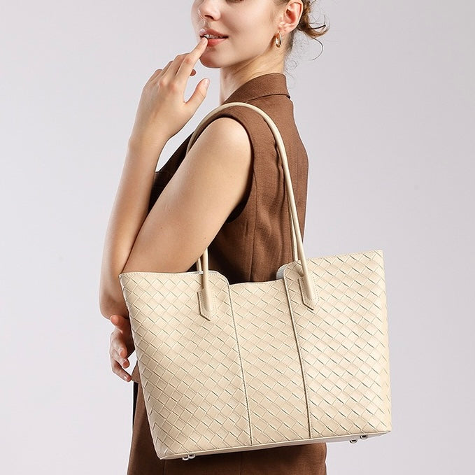 Women's Genuine Leather Woven Large Tote Bag with Exterior Pocket