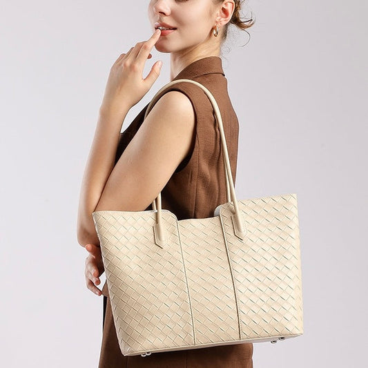 Women's Genuine Leather Woven Large Tote Bag with Exterior Pocket