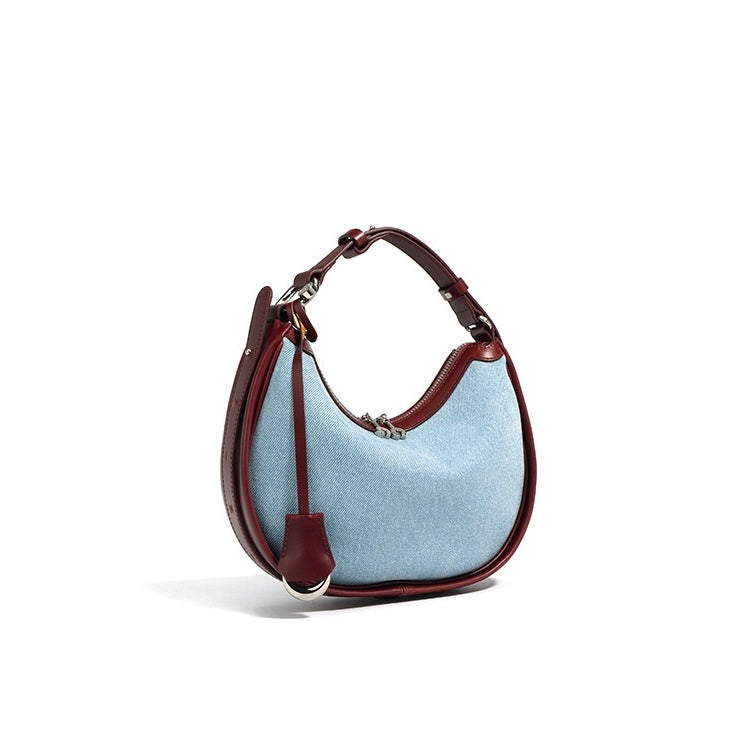 Women's Genuine Leather & Denim Crescent Shoulder Bag