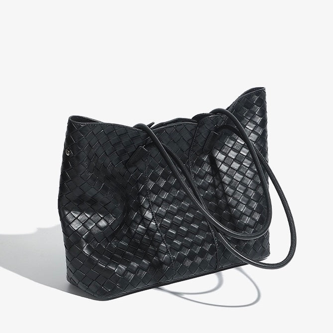 Women's Genuine Leather Woven Large Tote Bag with Exterior Pocket