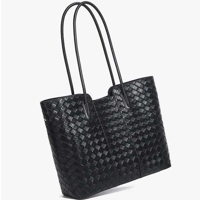 Women's Genuine Leather Woven Large Tote Bag with Exterior Pocket