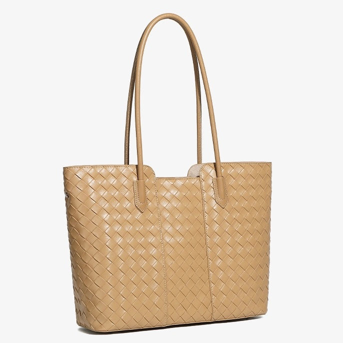 Women's Genuine Leather Woven Large Tote Bag with Exterior Pocket