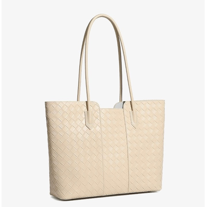 Women's Genuine Leather Woven Large Tote Bag with Exterior Pocket