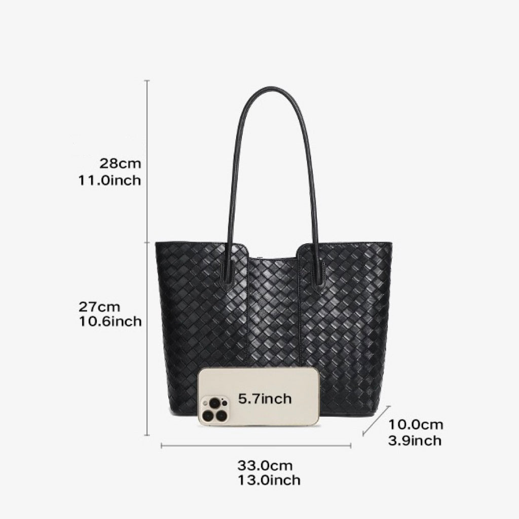 Women's Genuine Leather Woven Large Tote Bag with Exterior Pocket