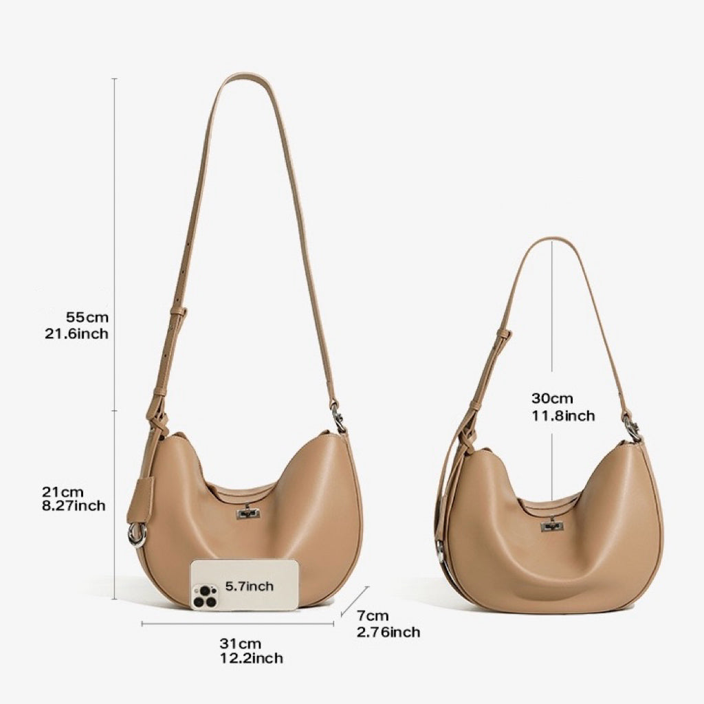 Women's Genuine Leather Crescent Shoulder Bag with Zipper Pocket