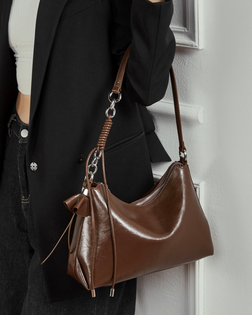 Women's Cowhide Hobo Bag with Knotted Strap Detail