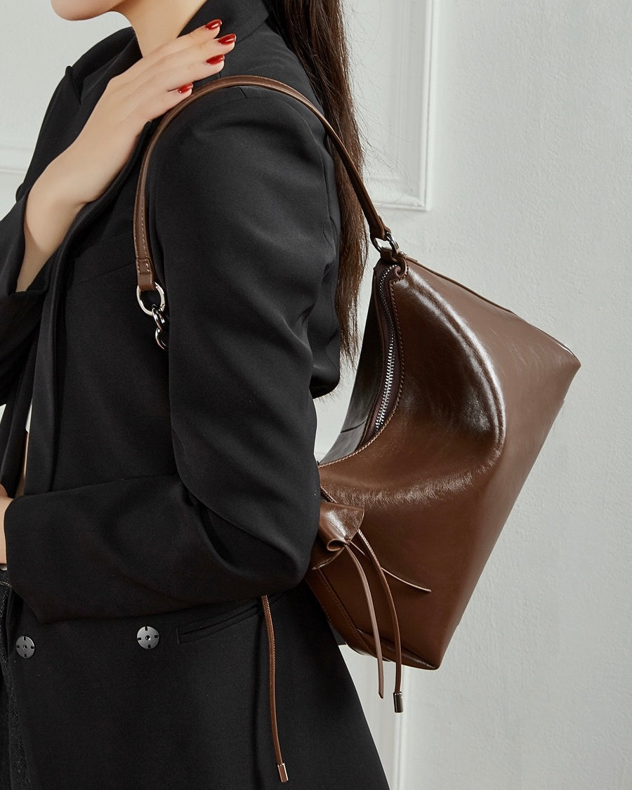 Women's Cowhide Hobo Bag with Knotted Strap Detail