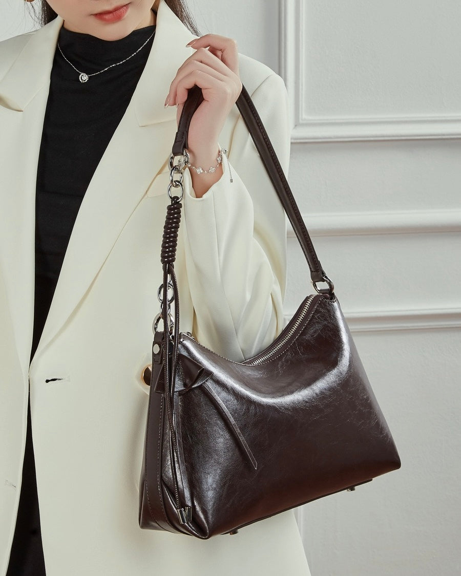 Women's Cowhide Hobo Bag with Knotted Strap Detail
