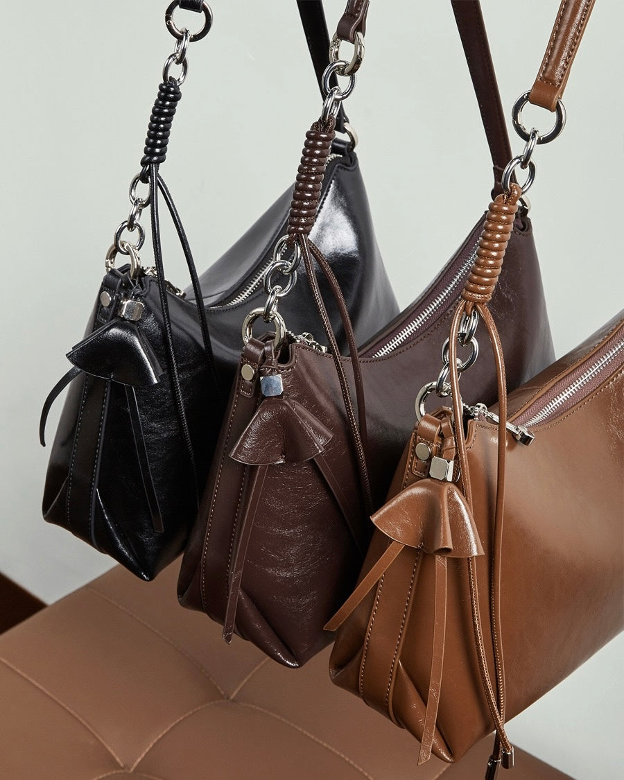 Women's Cowhide Hobo Bag with Knotted Strap Detail