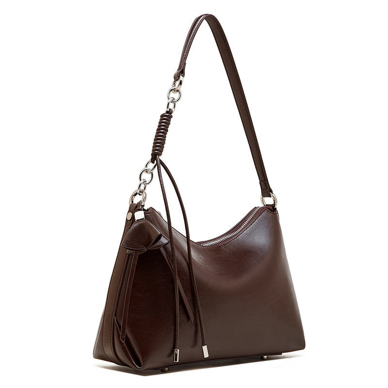 Women's Cowhide Hobo Bag with Knotted Strap Detail