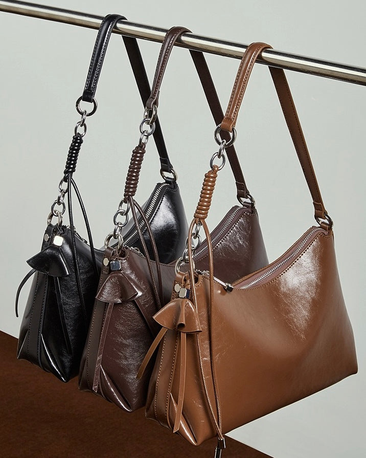 Women's Cowhide Hobo Bag with Knotted Strap Detail