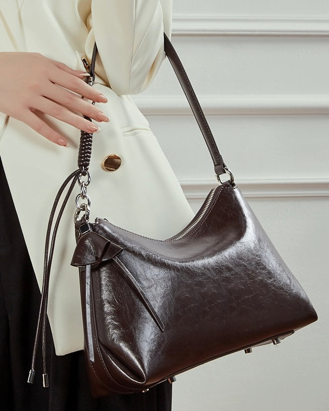 Women's Cowhide Hobo Bag with Knotted Strap Detail