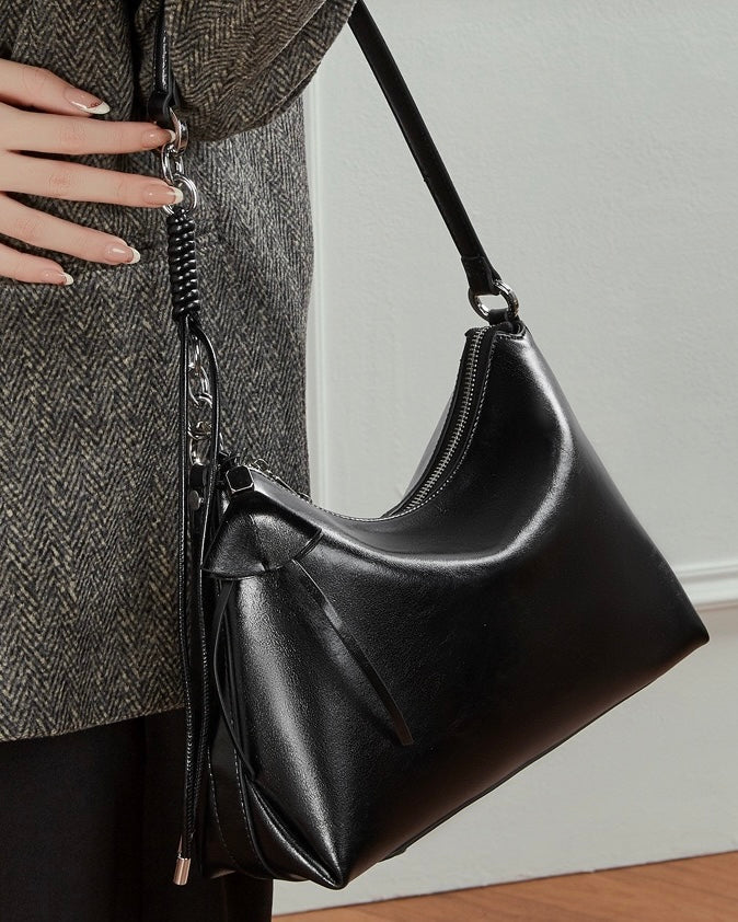 Women's Cowhide Hobo Bag with Knotted Strap Detail