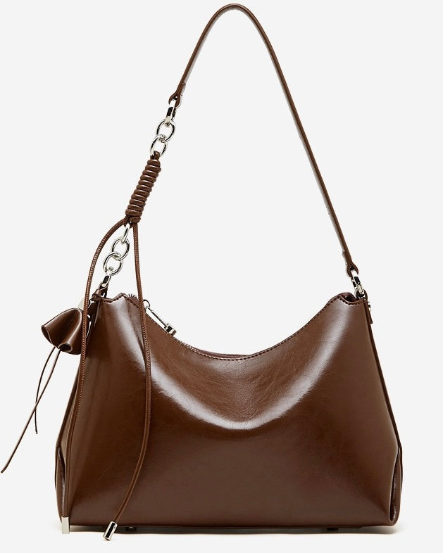 Women's Cowhide Hobo Bag with Knotted Strap Detail