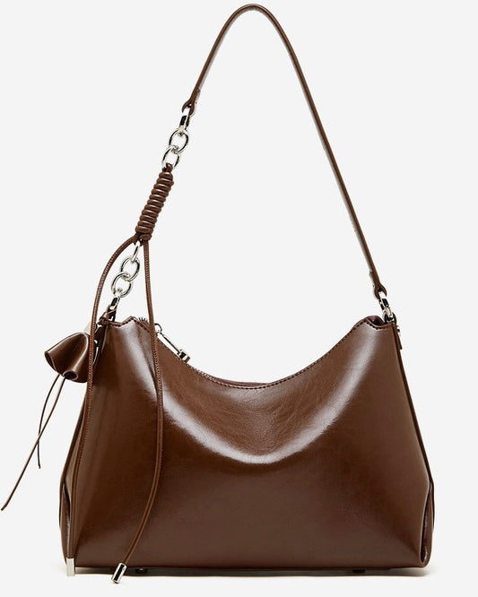 Women's Cowhide Hobo Bag with Knotted Strap Detail