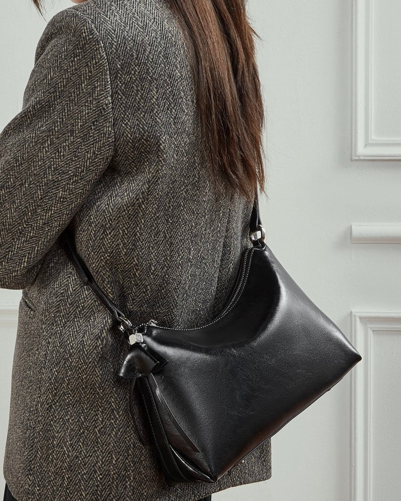 Women's Cowhide Hobo Bag with Knotted Strap Detail